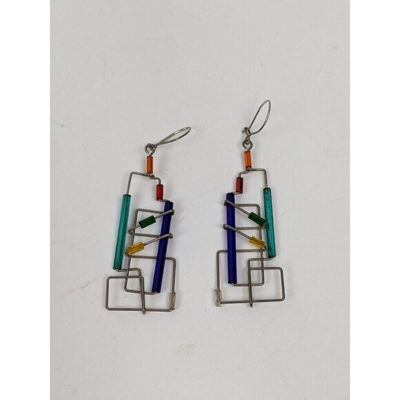 Barbie Levy Jewelry - Vintage Barbie Levy Barb Wire Art Pierced Dangling Blue Green Abstract 1980s
